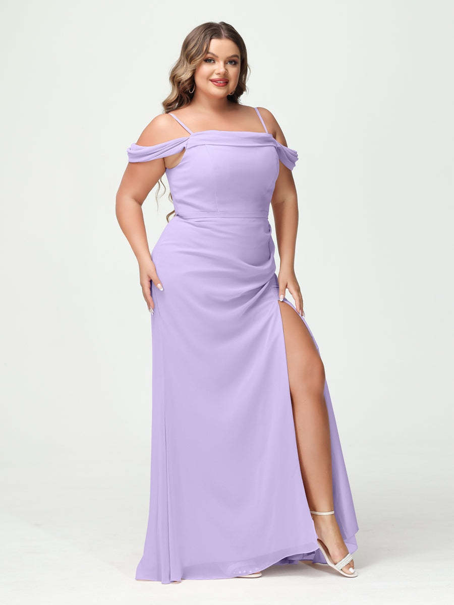 Off-the-Shoulder Chiffon Bridesmaid Dresses with Spaghetti Straps and Side Split for Plus Size