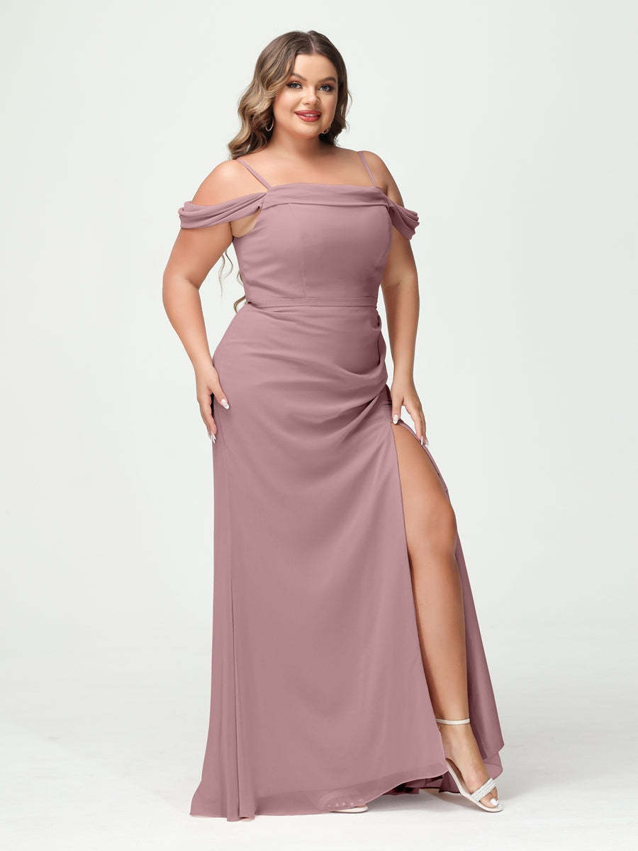 Off-the-Shoulder Chiffon Bridesmaid Dresses with Spaghetti Straps and Side Split for Plus Size
