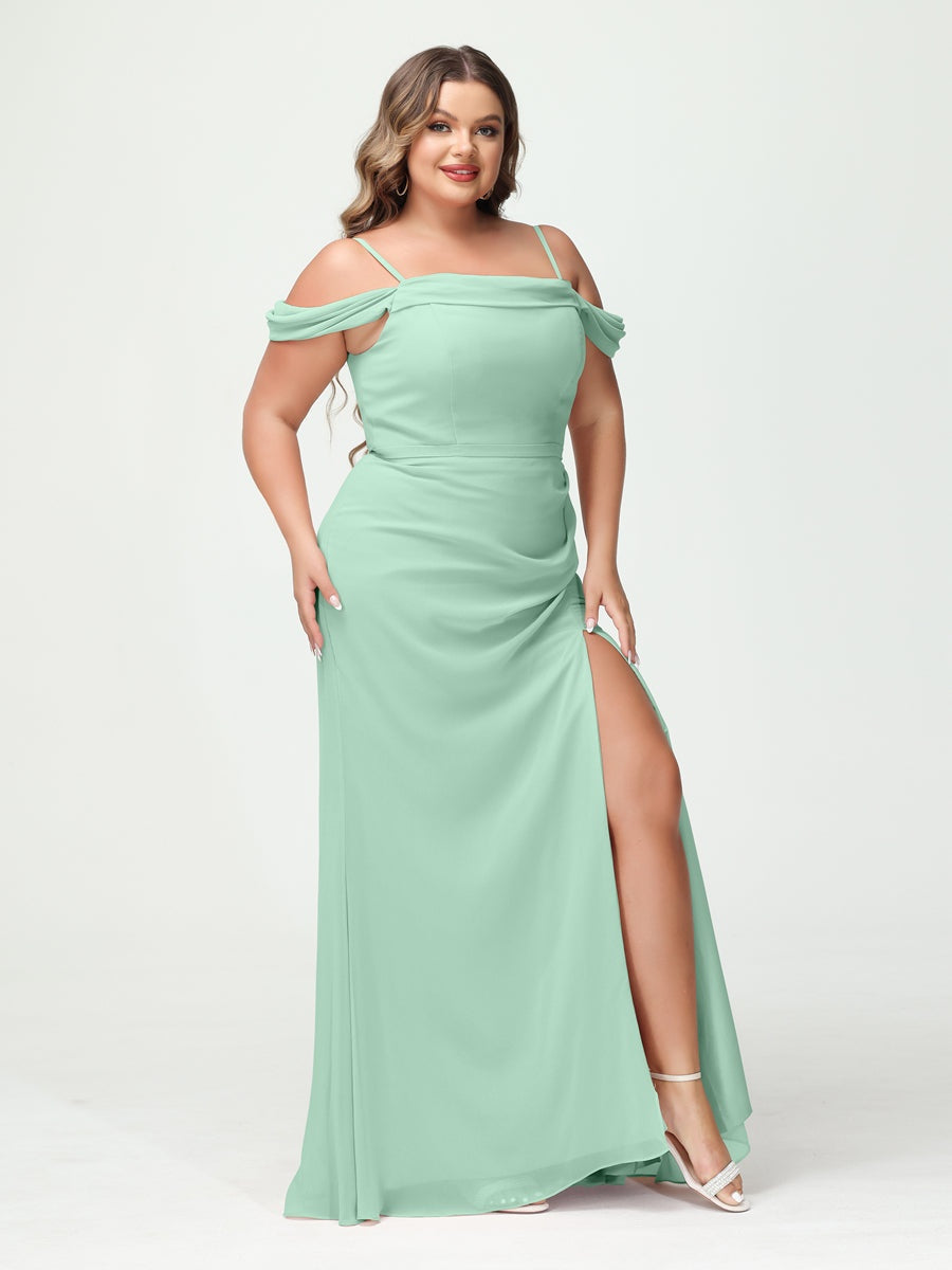 Off-the-Shoulder Chiffon Bridesmaid Dresses with Spaghetti Straps and Side Split for Plus Size