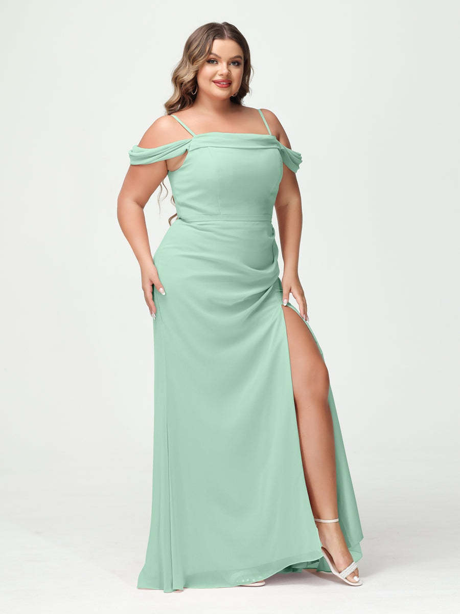Off-the-Shoulder Chiffon Bridesmaid Dresses with Spaghetti Straps and Side Split for Plus Size