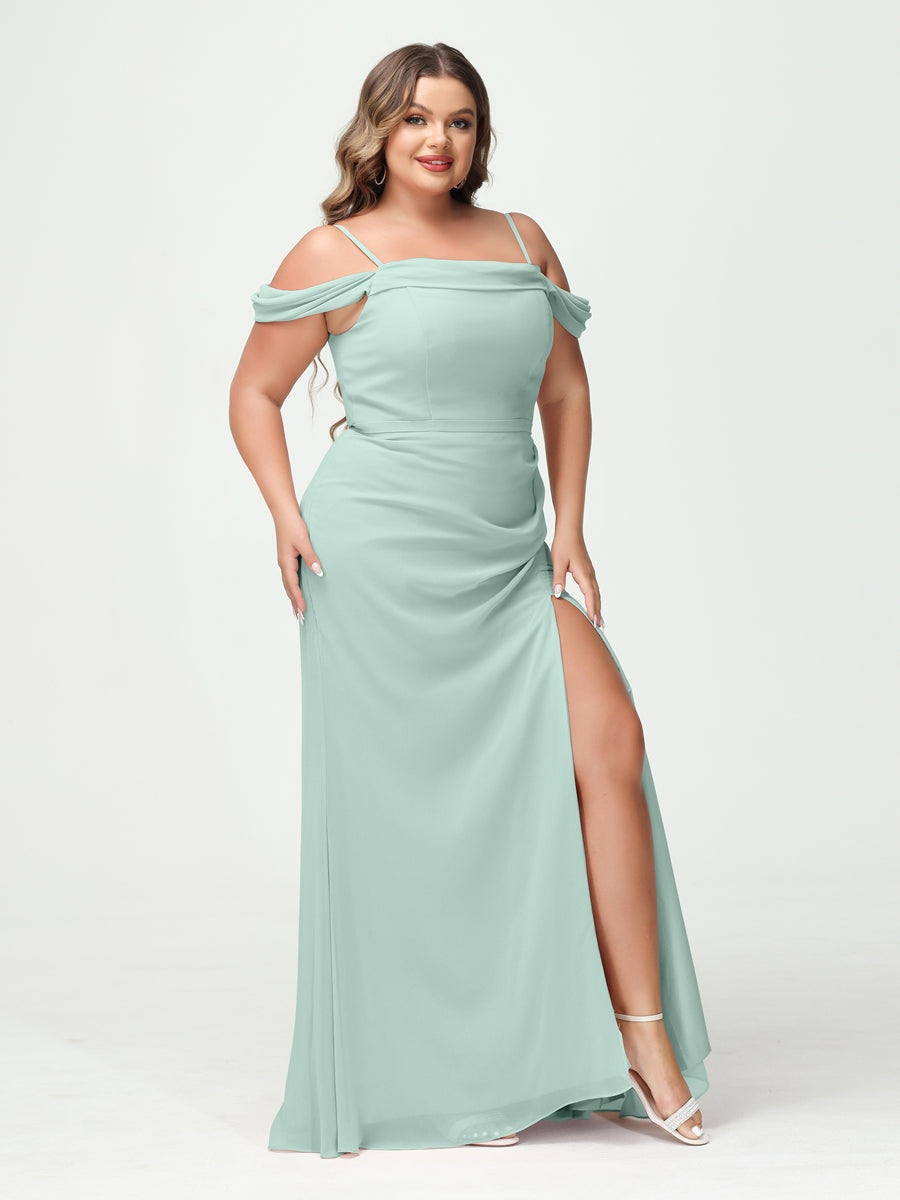 Off-the-Shoulder Chiffon Bridesmaid Dresses with Spaghetti Straps and Side Split for Plus Size