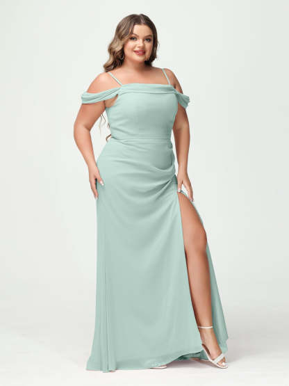 Off-the-Shoulder Chiffon Bridesmaid Dresses with Spaghetti Straps and Side Split for Plus Size