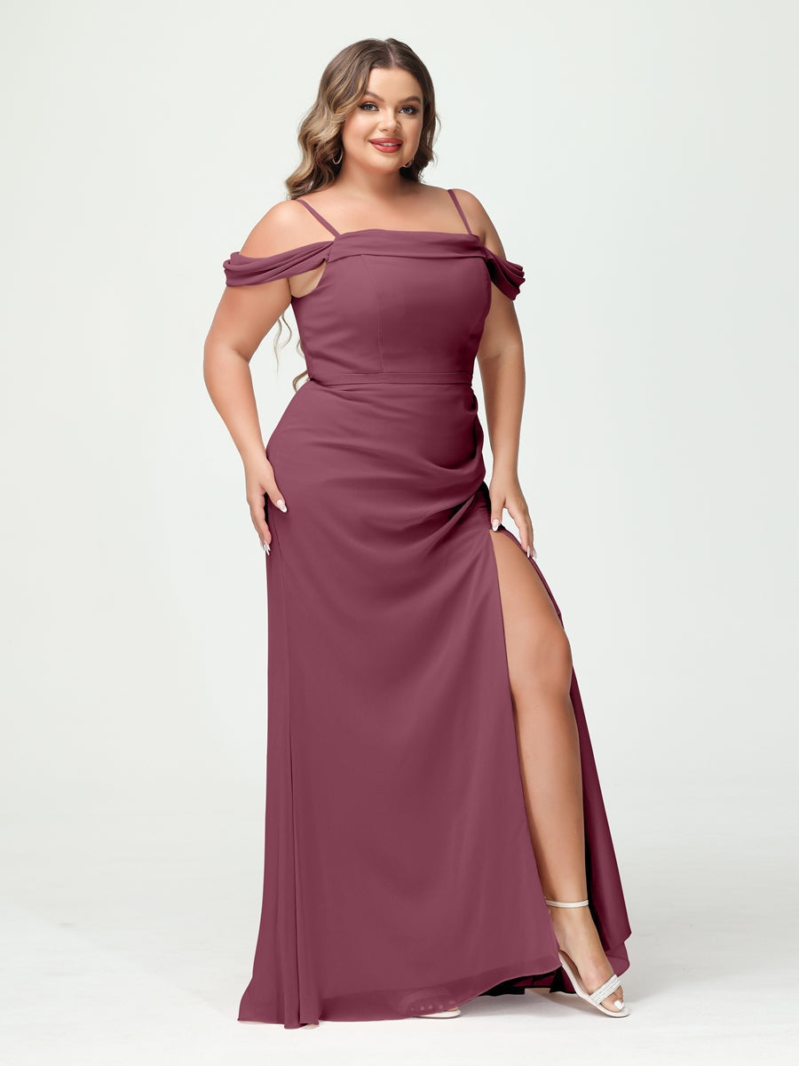 Off-the-Shoulder Chiffon Bridesmaid Dresses with Spaghetti Straps and Side Split for Plus Size