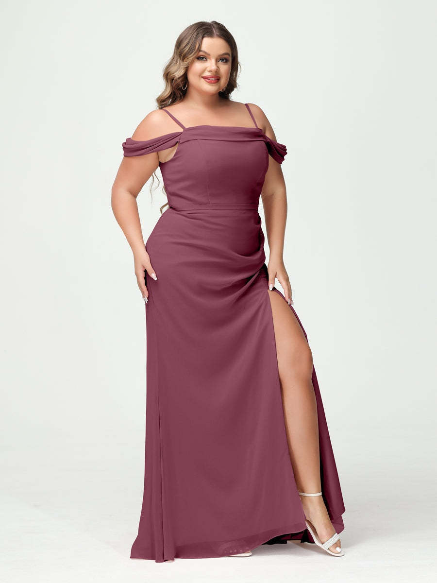 Off-the-Shoulder Chiffon Bridesmaid Dresses with Spaghetti Straps and Side Split for Plus Size