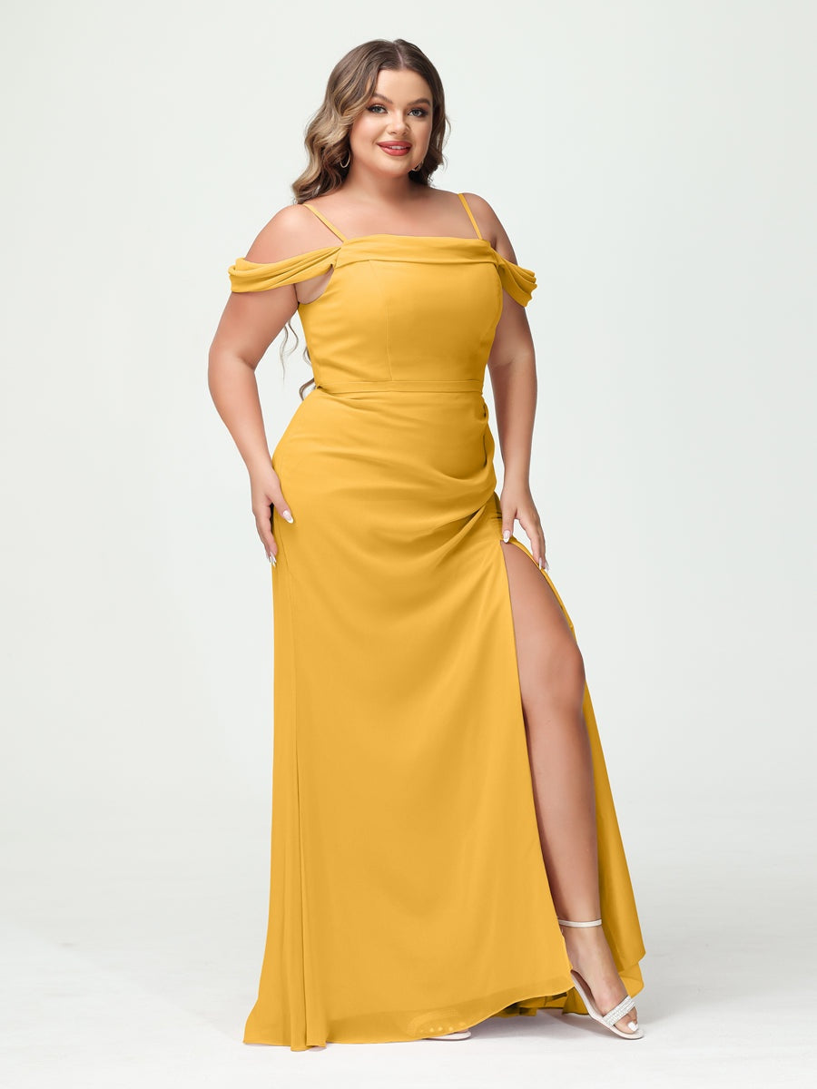 Off-the-Shoulder Chiffon Bridesmaid Dresses with Spaghetti Straps and Side Split for Plus Size