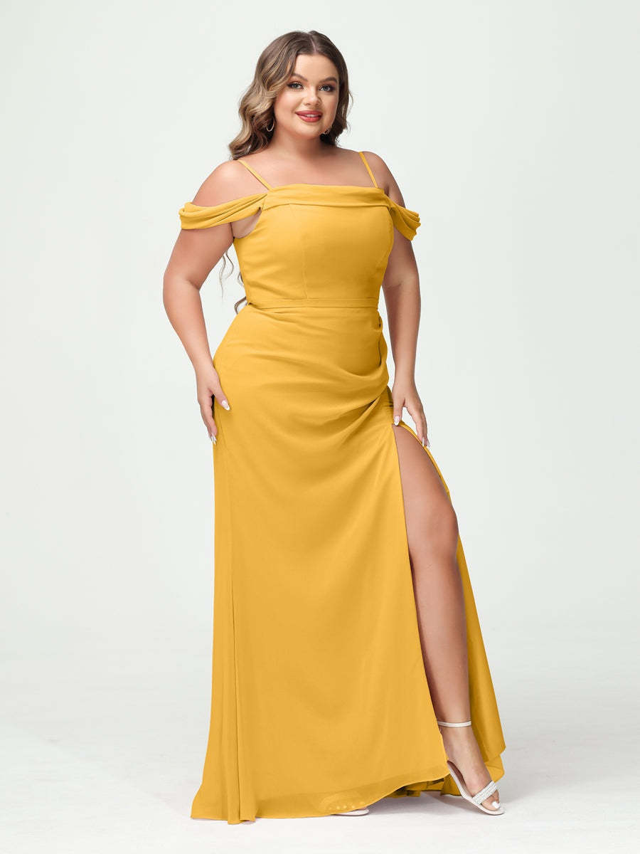 Off-the-Shoulder Chiffon Bridesmaid Dresses with Spaghetti Straps and Side Split for Plus Size