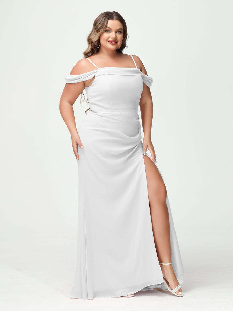 Off-the-Shoulder Chiffon Bridesmaid Dresses with Spaghetti Straps and Side Split for Plus Size