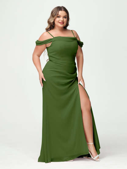 Off-the-Shoulder Chiffon Bridesmaid Dresses with Spaghetti Straps and Side Split for Plus Size