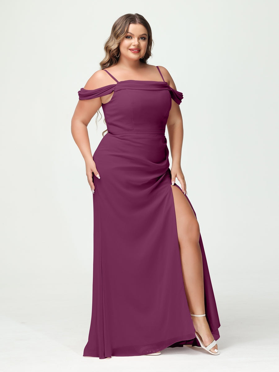 Off-the-Shoulder Chiffon Bridesmaid Dresses with Spaghetti Straps and Side Split for Plus Size