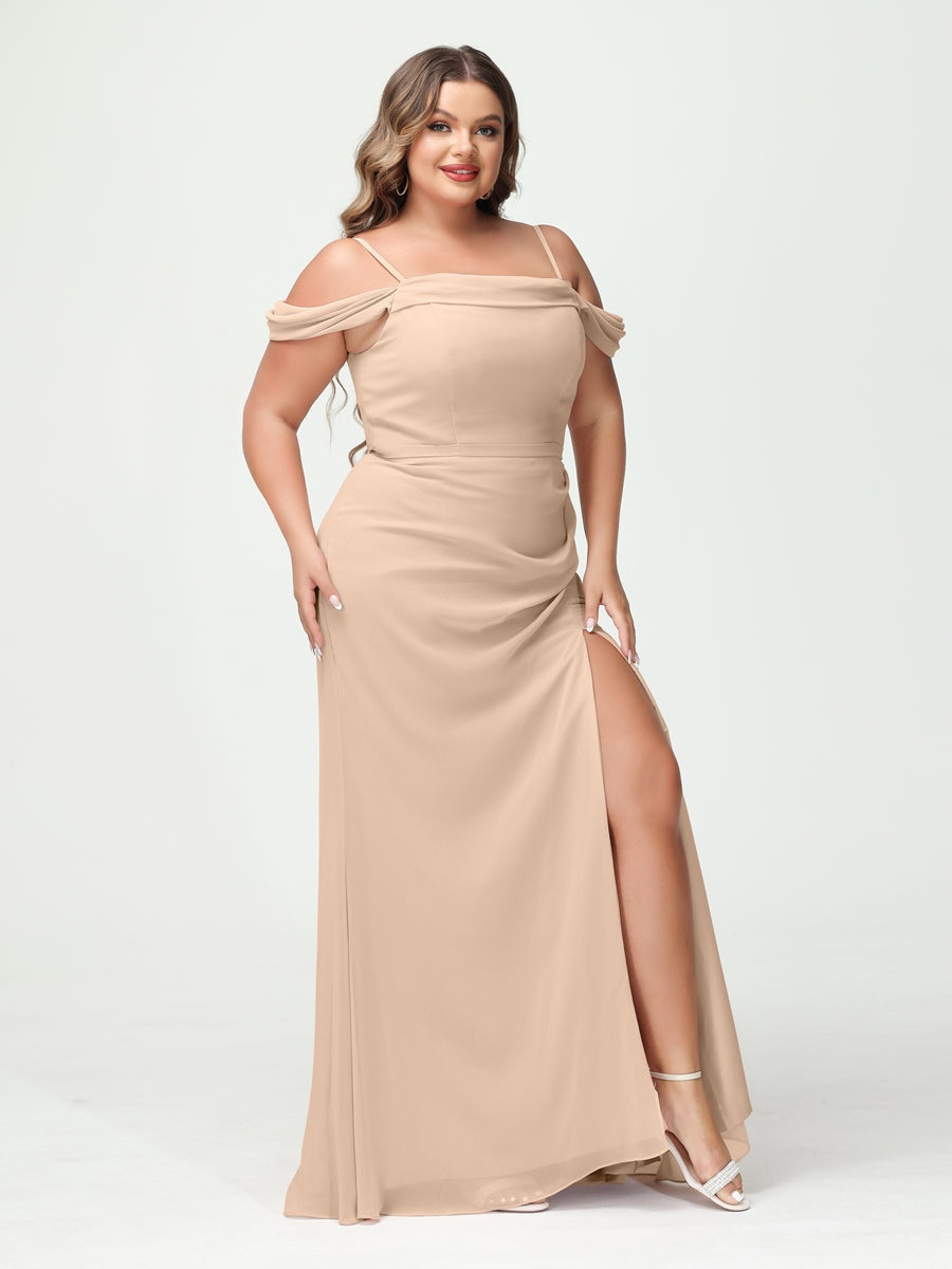 Off-the-Shoulder Chiffon Bridesmaid Dresses with Spaghetti Straps and Side Split for Plus Size