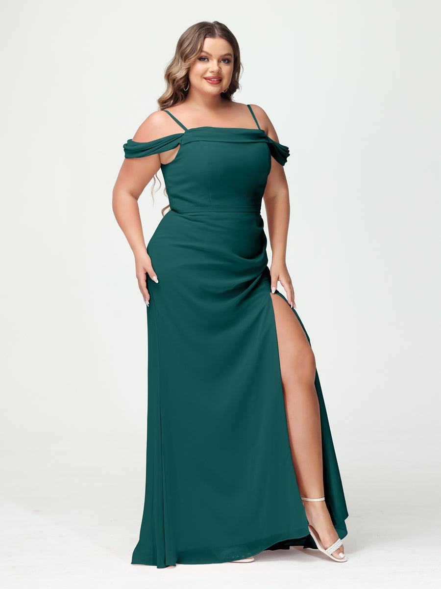 Off-the-Shoulder Chiffon Bridesmaid Dresses with Spaghetti Straps and Side Split for Plus Size