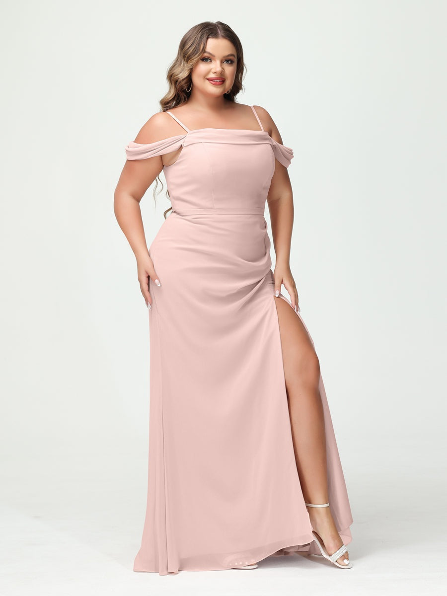 Off-the-Shoulder Chiffon Bridesmaid Dresses with Spaghetti Straps and Side Split for Plus Size