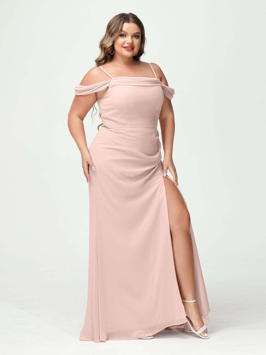 Off-the-Shoulder Chiffon Bridesmaid Dresses with Spaghetti Straps and Side Split for Plus Size