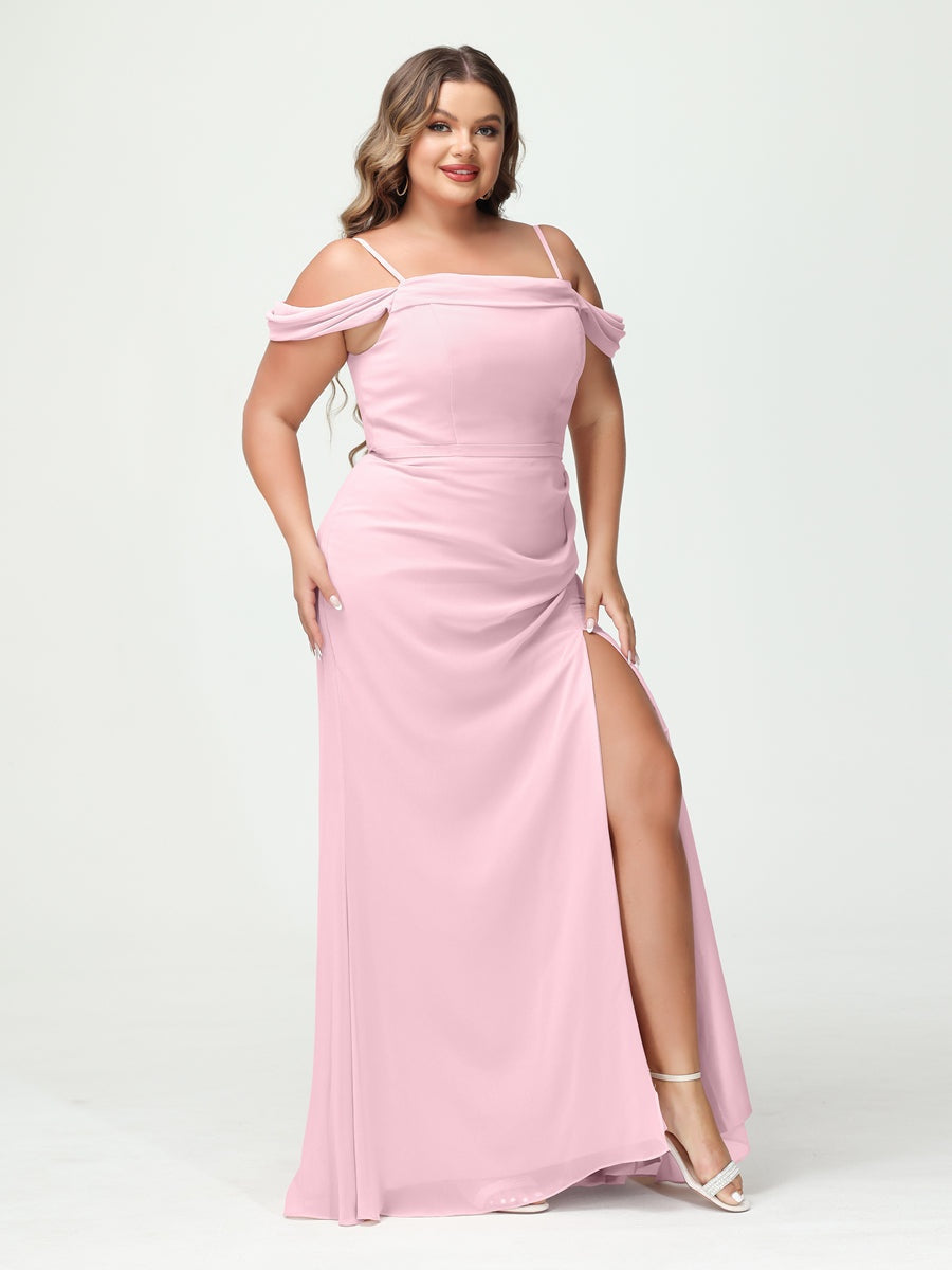 Off-the-Shoulder Chiffon Bridesmaid Dresses with Spaghetti Straps and Side Split for Plus Size