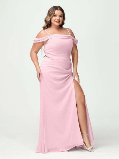 Off-the-Shoulder Chiffon Bridesmaid Dresses with Spaghetti Straps and Side Split for Plus Size