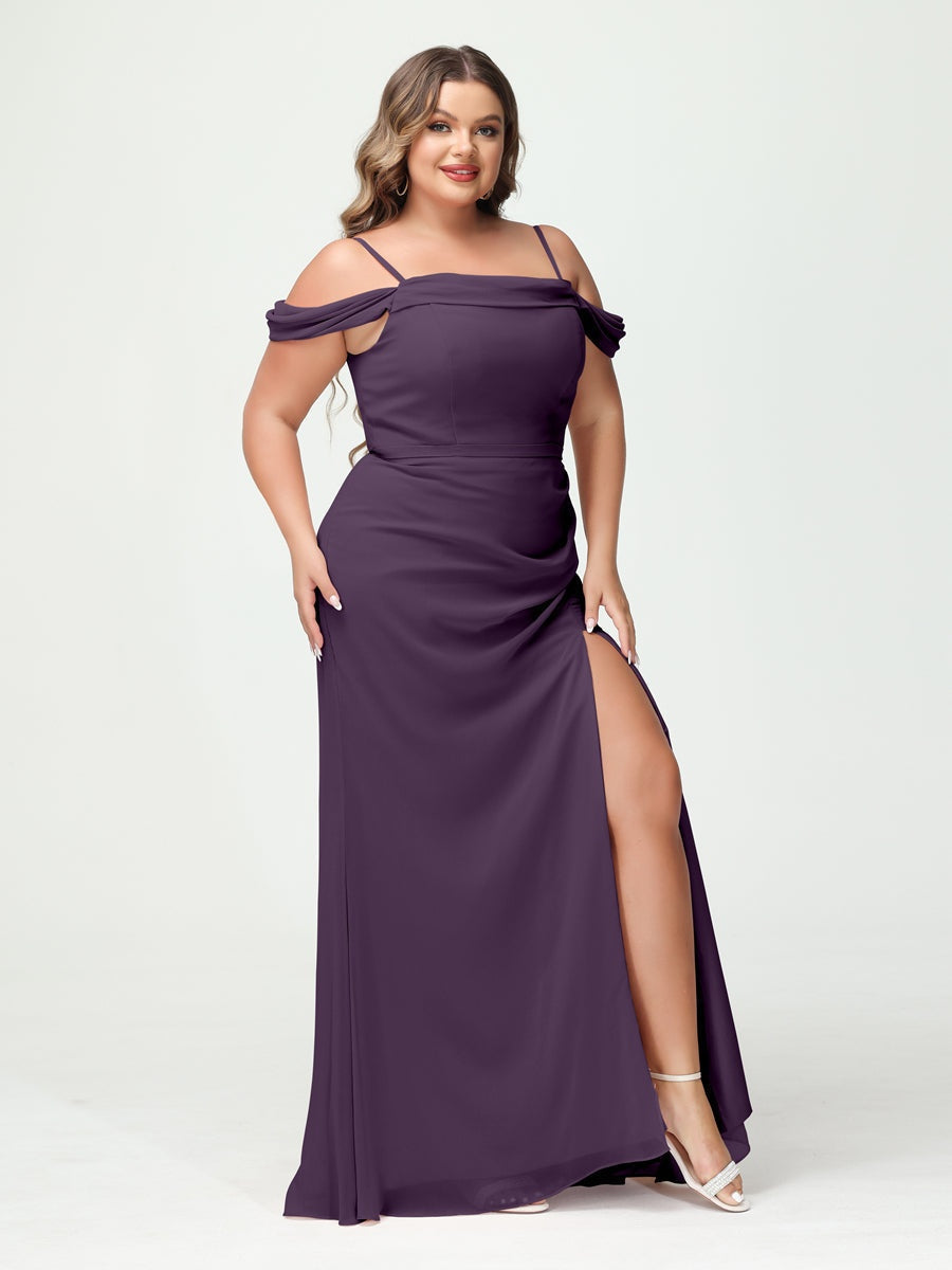 Off-the-Shoulder Chiffon Bridesmaid Dresses with Spaghetti Straps and Side Split for Plus Size