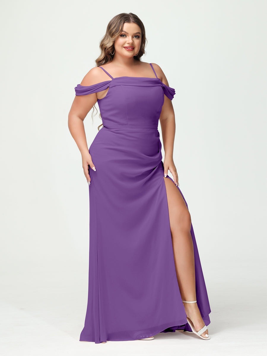 Off-the-Shoulder Chiffon Bridesmaid Dresses with Spaghetti Straps and Side Split for Plus Size