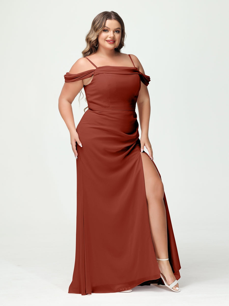 Off-the-Shoulder Chiffon Bridesmaid Dresses with Spaghetti Straps and Side Split for Plus Size
