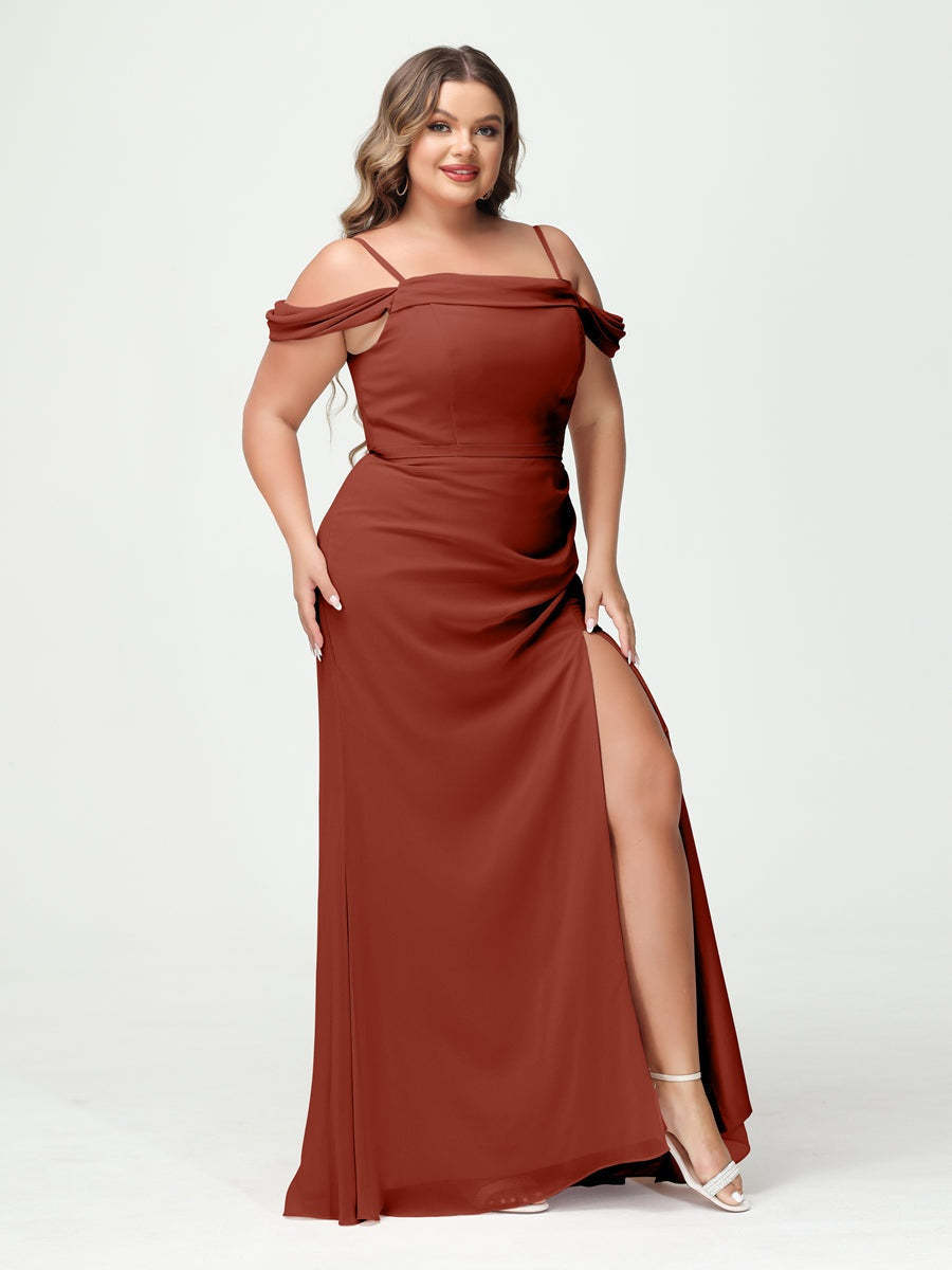 Off-the-Shoulder Chiffon Bridesmaid Dresses with Spaghetti Straps and Side Split for Plus Size