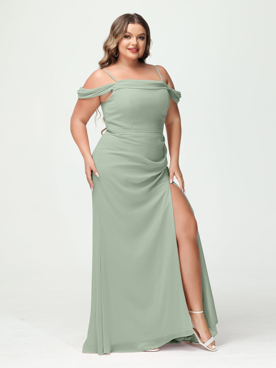 Off-the-Shoulder Chiffon Bridesmaid Dresses with Spaghetti Straps and Side Split for Plus Size