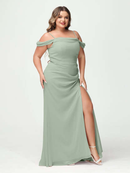 Off-the-Shoulder Chiffon Bridesmaid Dresses with Spaghetti Straps and Side Split for Plus Size