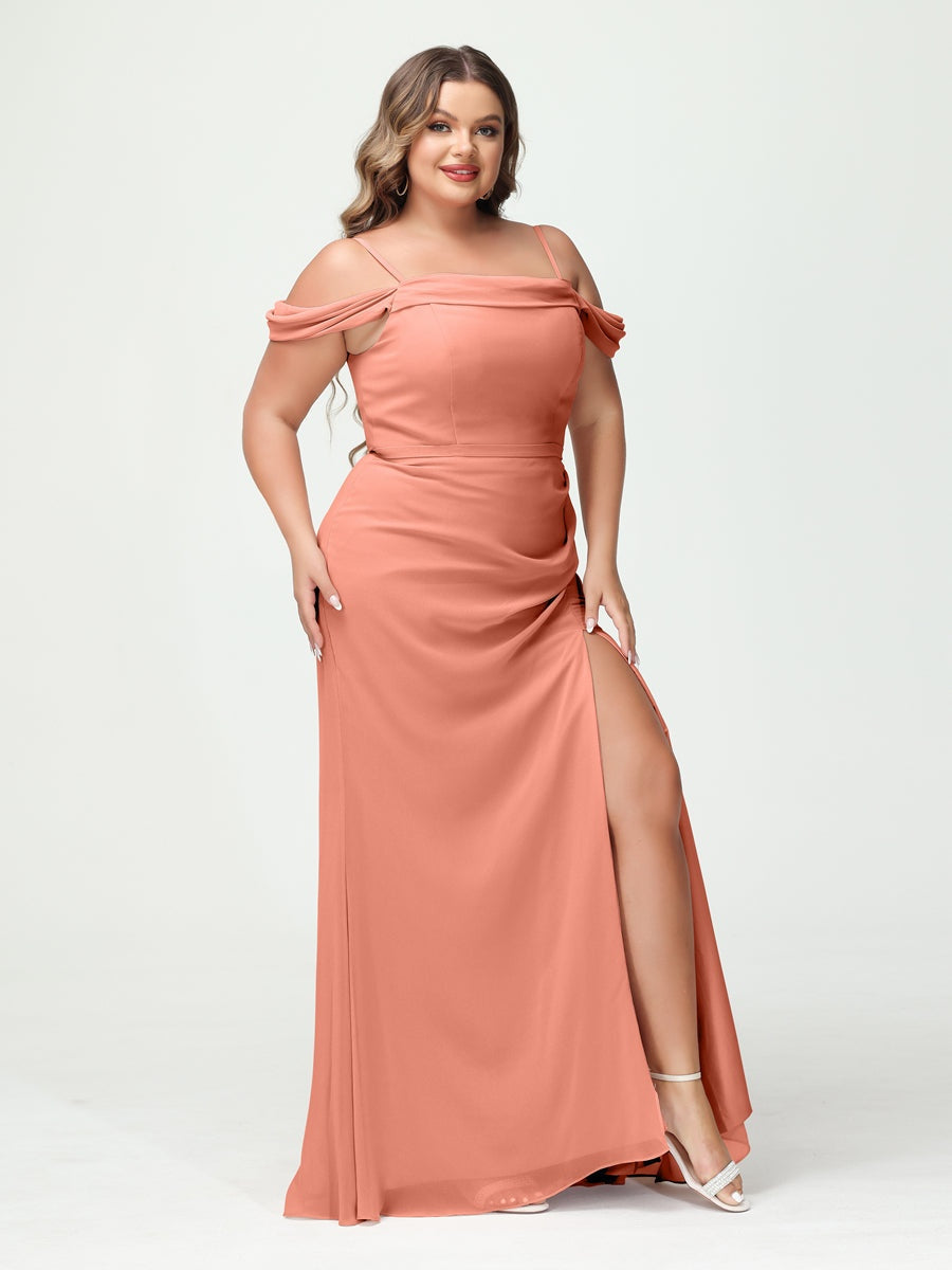 Off-the-Shoulder Chiffon Bridesmaid Dresses with Spaghetti Straps and Side Split for Plus Size