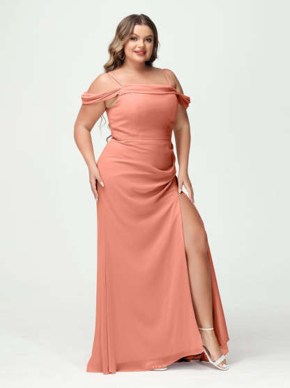 Off-the-Shoulder Chiffon Bridesmaid Dresses with Spaghetti Straps and Side Split for Plus Size