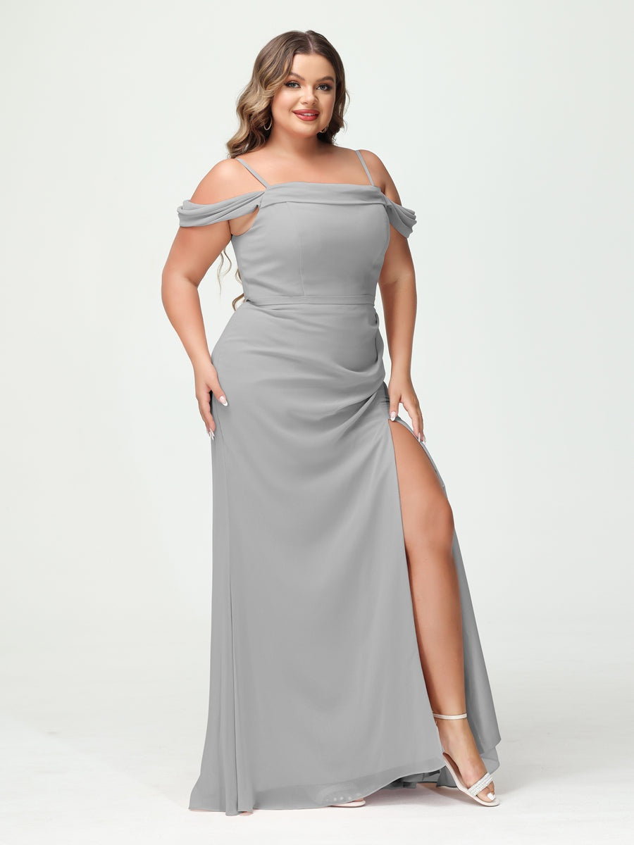 Off-the-Shoulder Chiffon Bridesmaid Dresses with Spaghetti Straps and Side Split for Plus Size