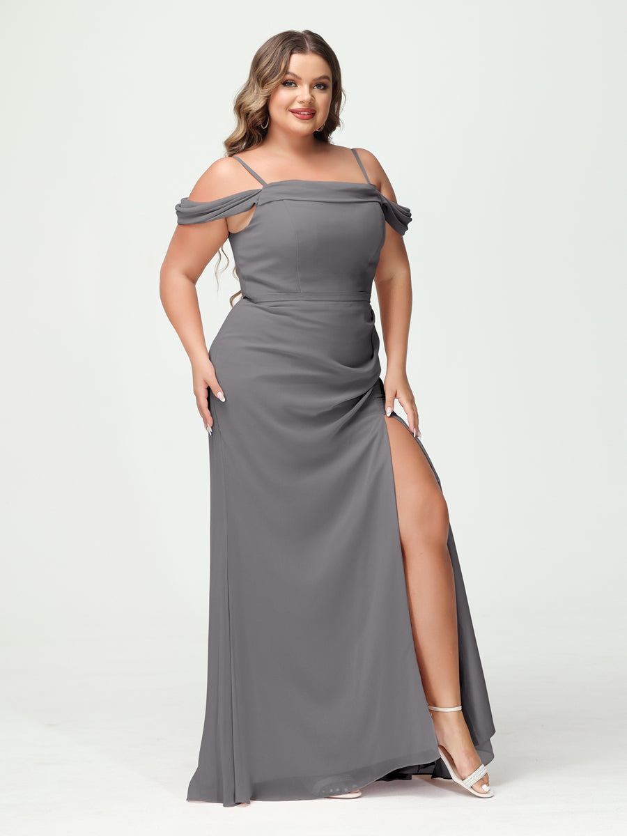 Off-the-Shoulder Chiffon Bridesmaid Dresses with Spaghetti Straps and Side Split for Plus Size