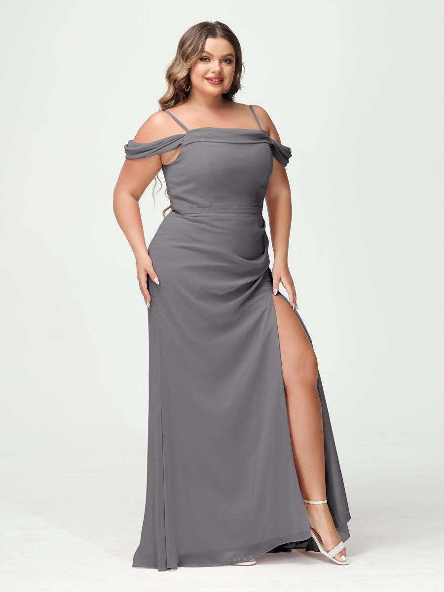 Off-the-Shoulder Chiffon Bridesmaid Dresses with Spaghetti Straps and Side Split for Plus Size