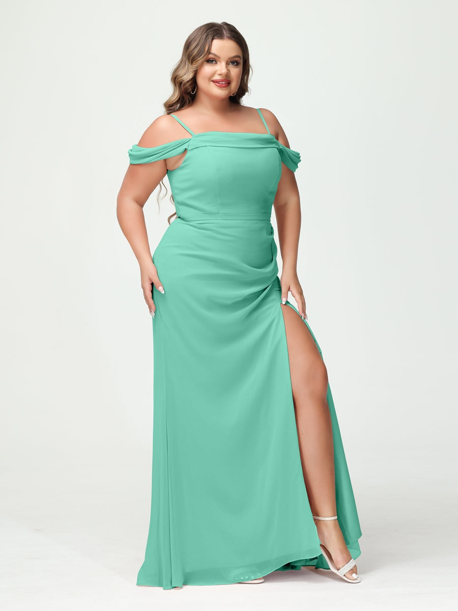 Off-the-Shoulder Chiffon Bridesmaid Dresses with Spaghetti Straps and Side Split for Plus Size