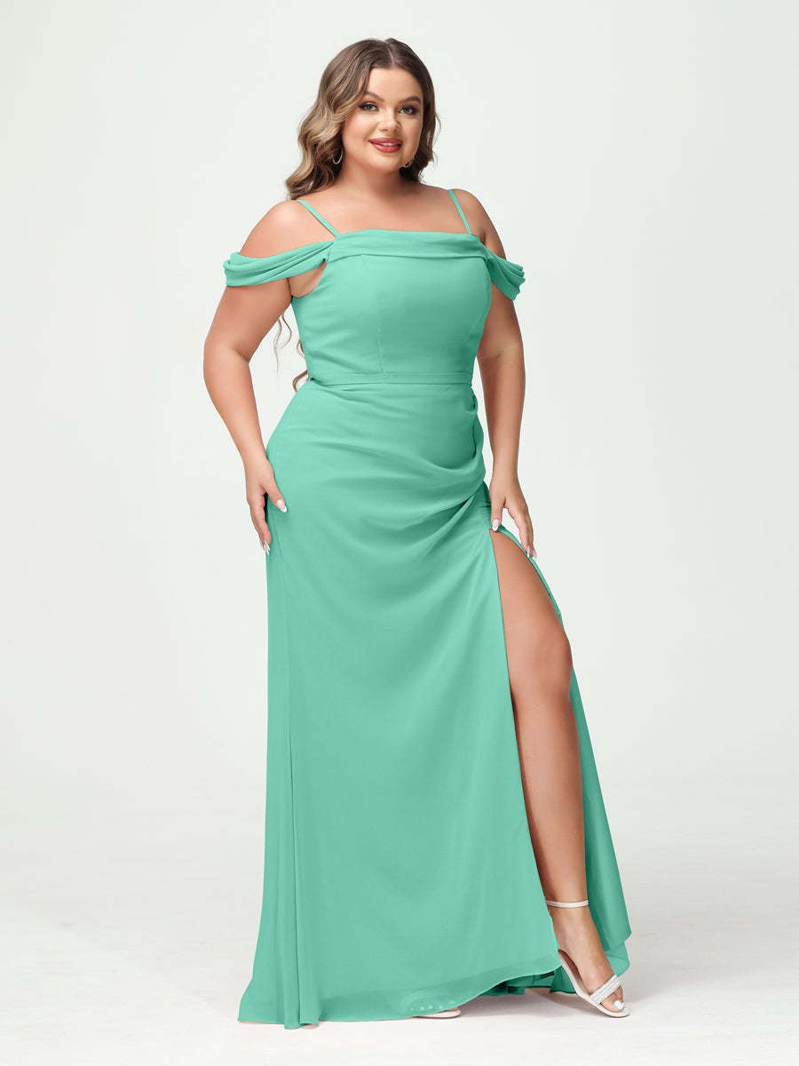 Off-the-Shoulder Chiffon Bridesmaid Dresses with Spaghetti Straps and Side Split for Plus Size