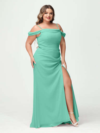 Off-the-Shoulder Chiffon Bridesmaid Dresses with Spaghetti Straps and Side Split for Plus Size