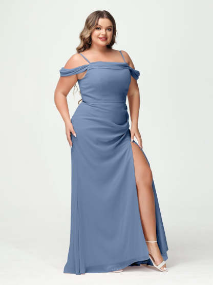 Off-the-Shoulder Chiffon Bridesmaid Dresses with Spaghetti Straps and Side Split for Plus Size