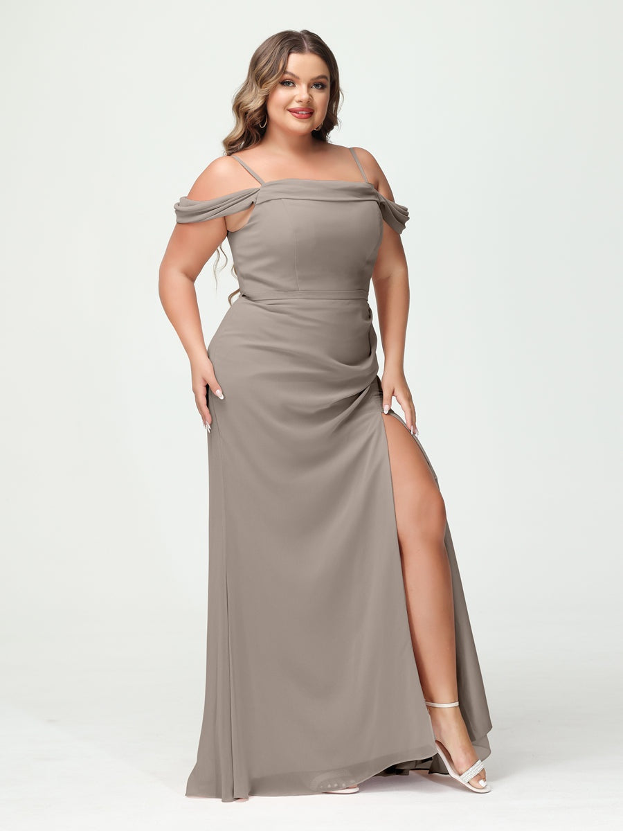 Off-the-Shoulder Chiffon Bridesmaid Dresses with Spaghetti Straps and Side Split for Plus Size