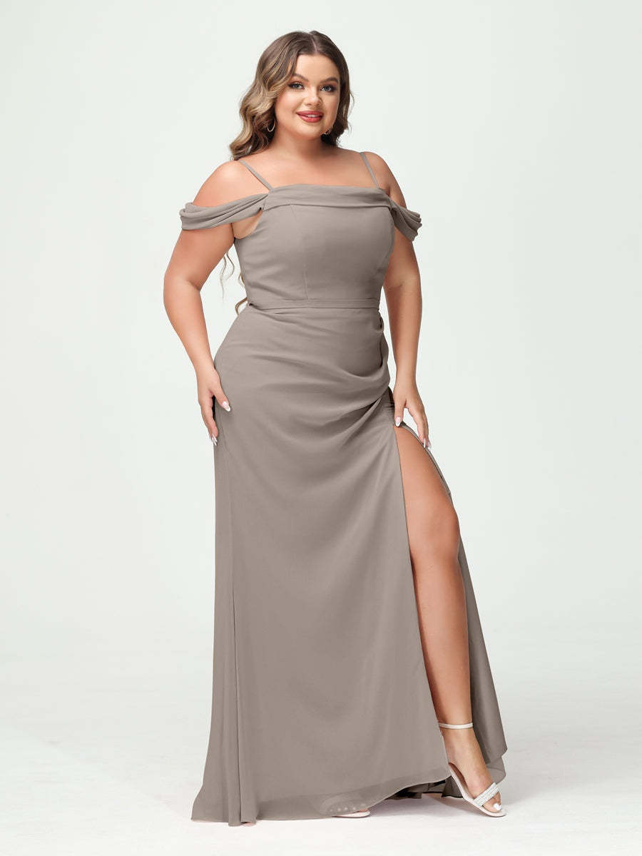 Off-the-Shoulder Chiffon Bridesmaid Dresses with Spaghetti Straps and Side Split for Plus Size