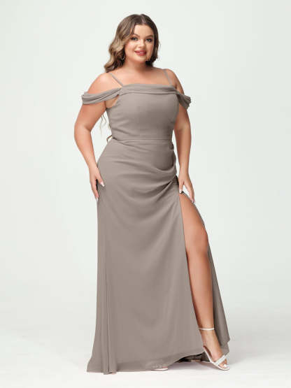 Off-the-Shoulder Chiffon Bridesmaid Dresses with Spaghetti Straps and Side Split for Plus Size