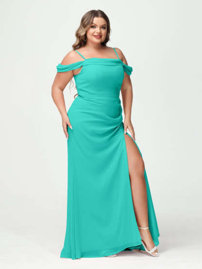 Off-the-Shoulder Chiffon Bridesmaid Dresses with Spaghetti Straps and Side Split for Plus Size