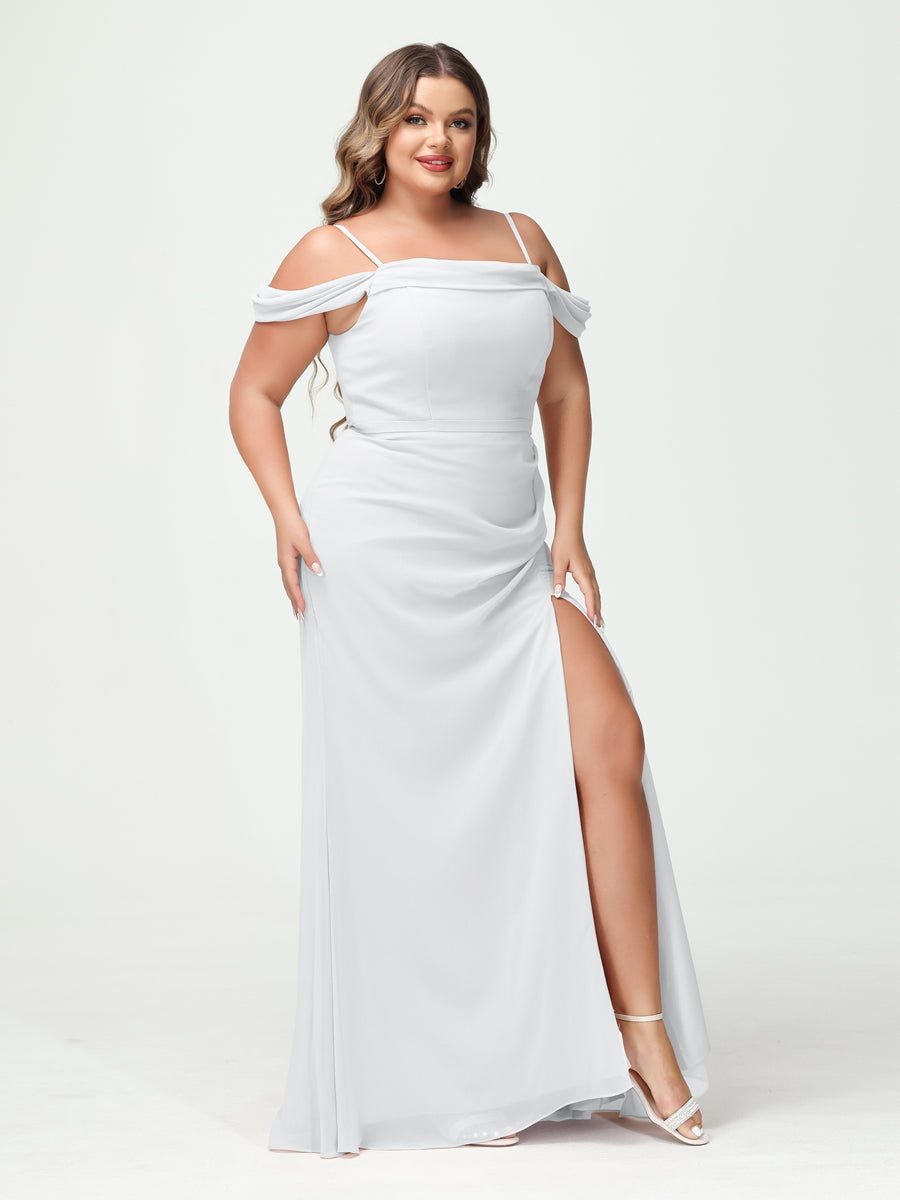 Off-the-Shoulder Chiffon Bridesmaid Dresses with Spaghetti Straps and Side Split for Plus Size