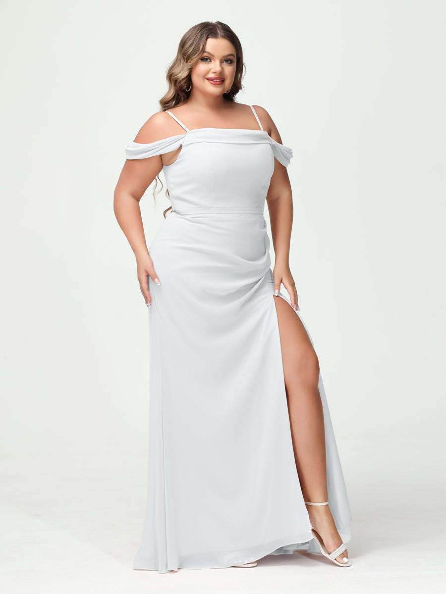 Off-the-Shoulder Chiffon Bridesmaid Dresses with Spaghetti Straps and Side Split for Plus Size