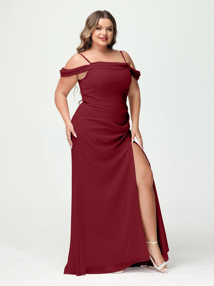 Off-the-Shoulder Chiffon Bridesmaid Dresses with Spaghetti Straps and Side Split for Plus Size