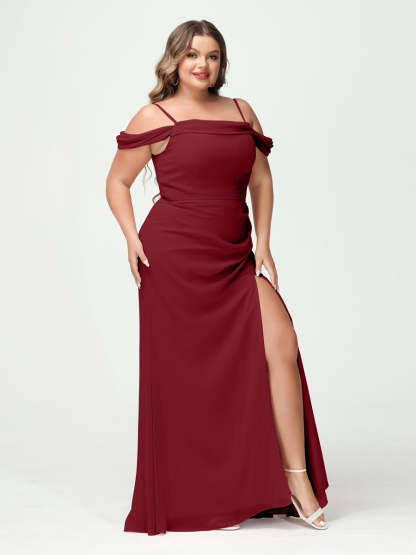 Off-the-Shoulder Chiffon Bridesmaid Dresses with Spaghetti Straps and Side Split for Plus Size