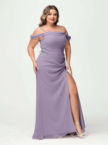 Off-the-Shoulder Chiffon Bridesmaid Dresses with Spaghetti Straps and Side Split for Plus Size