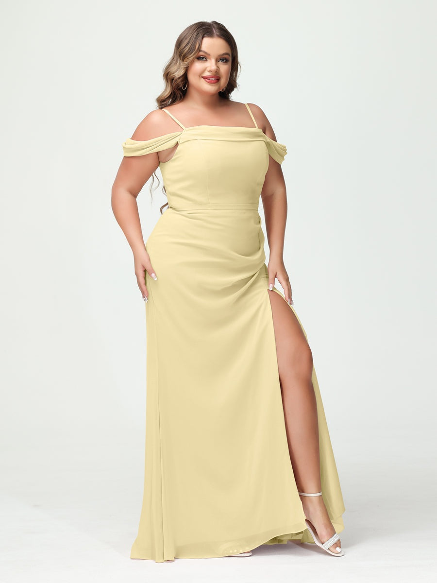 Off-the-Shoulder Chiffon Bridesmaid Dresses with Spaghetti Straps and Side Split for Plus Size