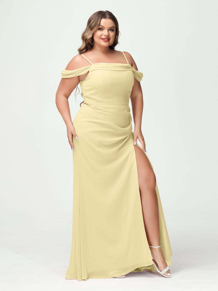 Off-the-Shoulder Chiffon Bridesmaid Dresses with Spaghetti Straps and Side Split for Plus Size