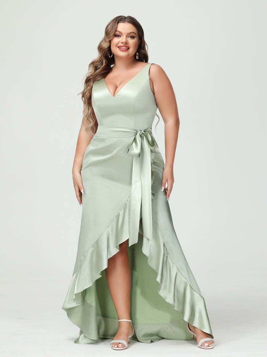 V-Neck Sleeveless High Low Plus Size Dress with Ruffles, Pockets, and Sash