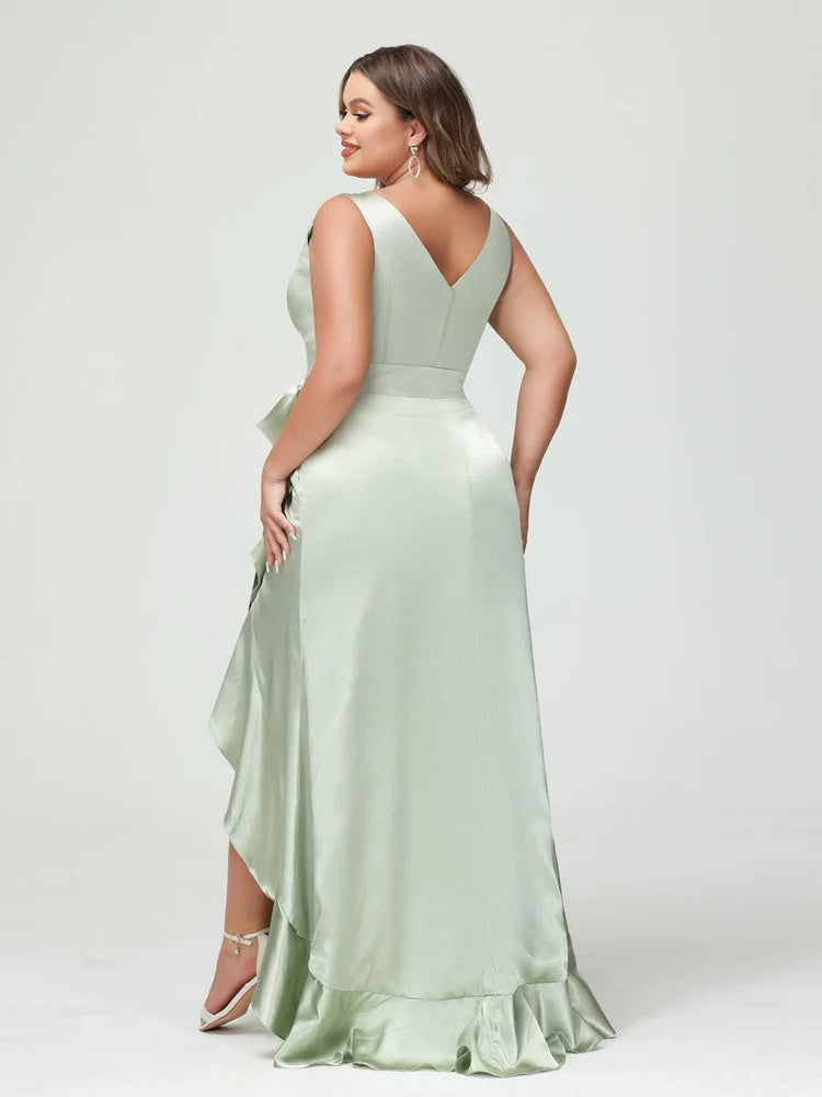 V-Neck Sleeveless High Low Plus Size Dress with Ruffles, Pockets, and Sash