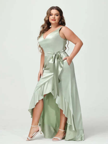 V-Neck Sleeveless High Low Plus Size Dress with Ruffles, Pockets, and Sash