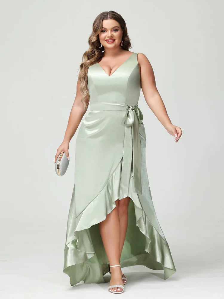 V-Neck Sleeveless High Low Plus Size Dress with Ruffles, Pockets, and Sash