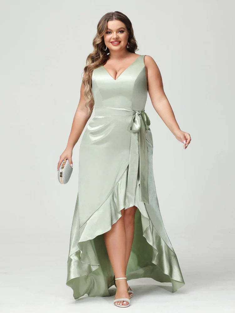 V-Neck Sleeveless High Low Plus Size Dress with Ruffles, Pockets, and Sash